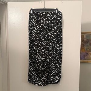 Black and White Polka Dot Pencil Skirt with Gathered Detail Front and slit